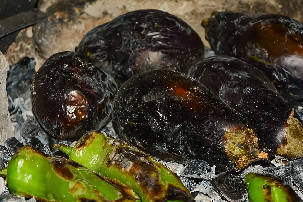 Grilled Eggplant and Peppers in Embers