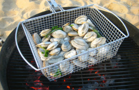 Shellfish in grilling basket