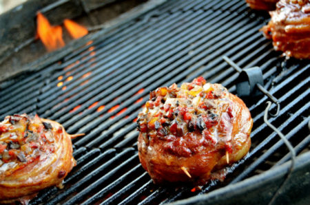 Beer-Can Burgers on the grill