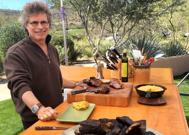 Steven Raichlen on the set of Project Smoke with beef ribs