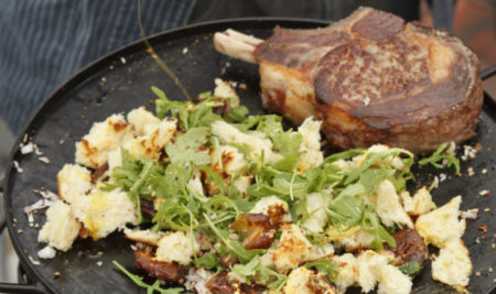 Cowboy Rib Eye a la Plancha with Crispy Brioche Salad and Grilled Dates