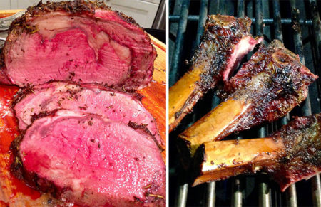 Prime rib sliced and bones on the grill