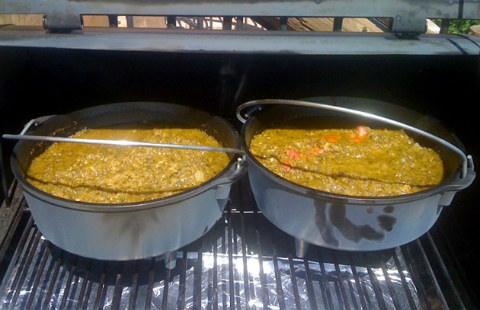 Chili in dutch ovens on the grill