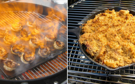 Shrimp on a cast iron plancha, and apple crisp in a cast iron skillet