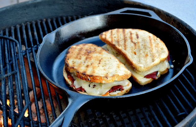 Pastrami Reuben on grill
