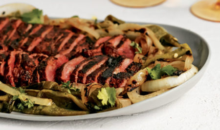 Grilled skirt steak with poblano peppers