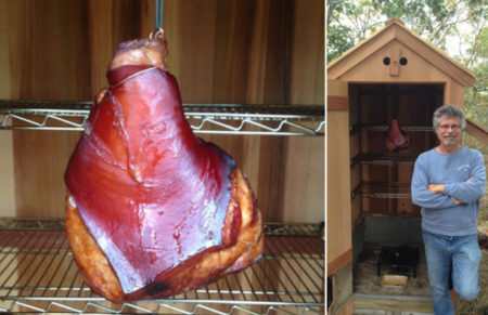 Ham in smokehouse and Steven Raichlen