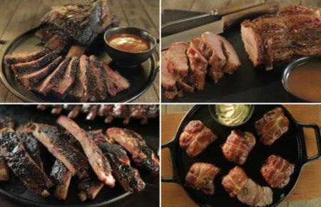 Brisket on the Bone, Bourbon Brown Sugar Smoked Pork Loin, St. Louis Ribs with Vanilla-Brown Sugar Glaze, Bacon Ham and Cheese Chicken Thighs