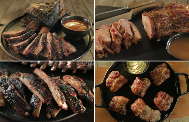 Brisket on the Bone, Bourbon Brown Sugar Smoked Pork Loin, St. Louis Ribs with Vanilla-Brown Sugar Glaze, Bacon Ham and Cheese Chicken Thighs