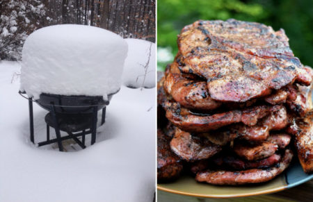 A grill in snow, and pork steaks