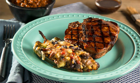 Grilled Pork Porterhouses with Asian Seasonings and Chinatown Barbecue Sauce and Chiles Rellenos