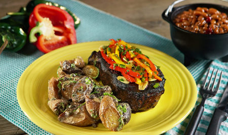 Caveman Strip Steaks with Bell Pepper Pan-Fry and Smoky Potato Salad