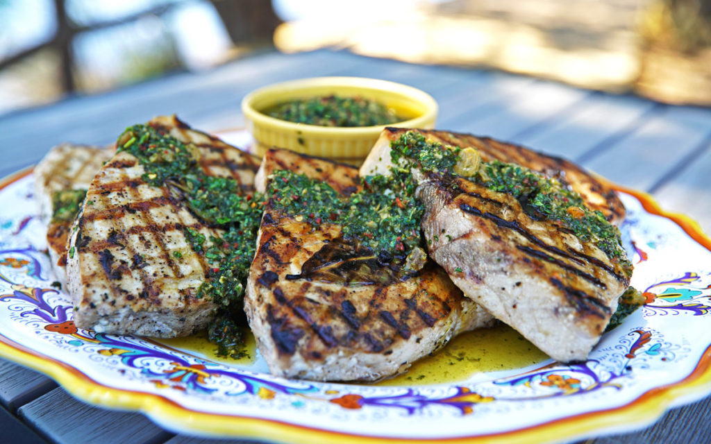 Grilled Swordfish Steaks with Golden Raisin Chimichurri