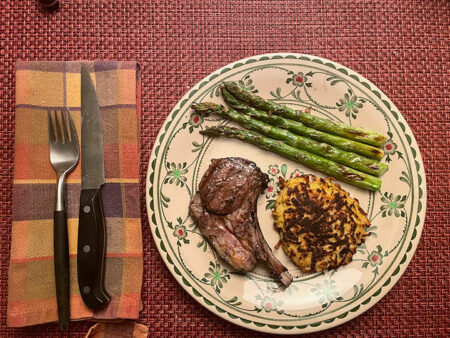Lamb, Grilled Asparagus, Potato Pancakes